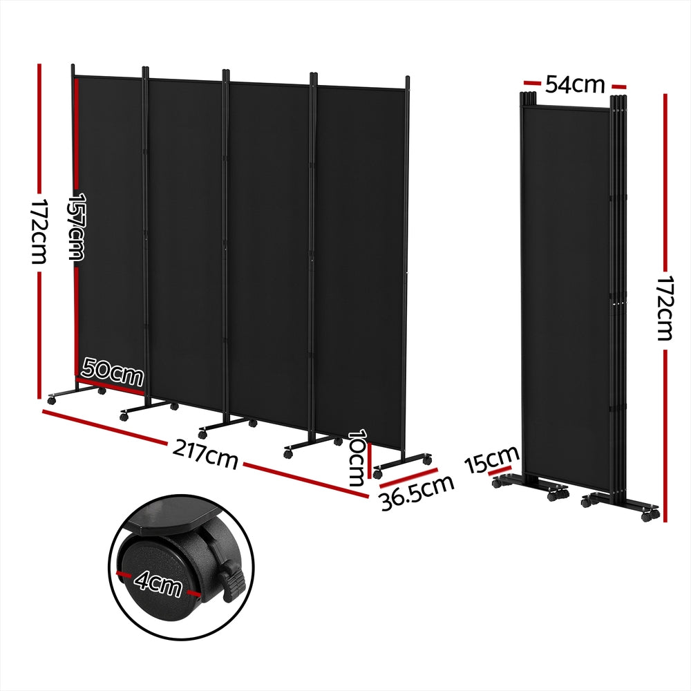 Artiss 4-Panel Black Fabric Room Divider Screen — 217cm with Wheels — Allure Home Collections
