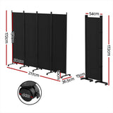 Artiss 4-Panel Black Fabric Room Divider Screen — 217cm with Wheels — Allure Home Collections