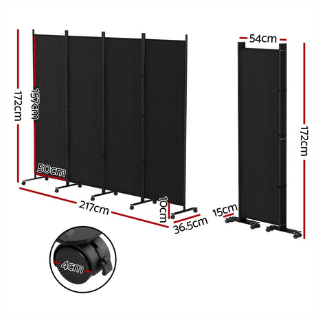 Artiss 4-Panel Black Fabric Room Divider Screen — 217cm with Wheels — Allure Home Collections