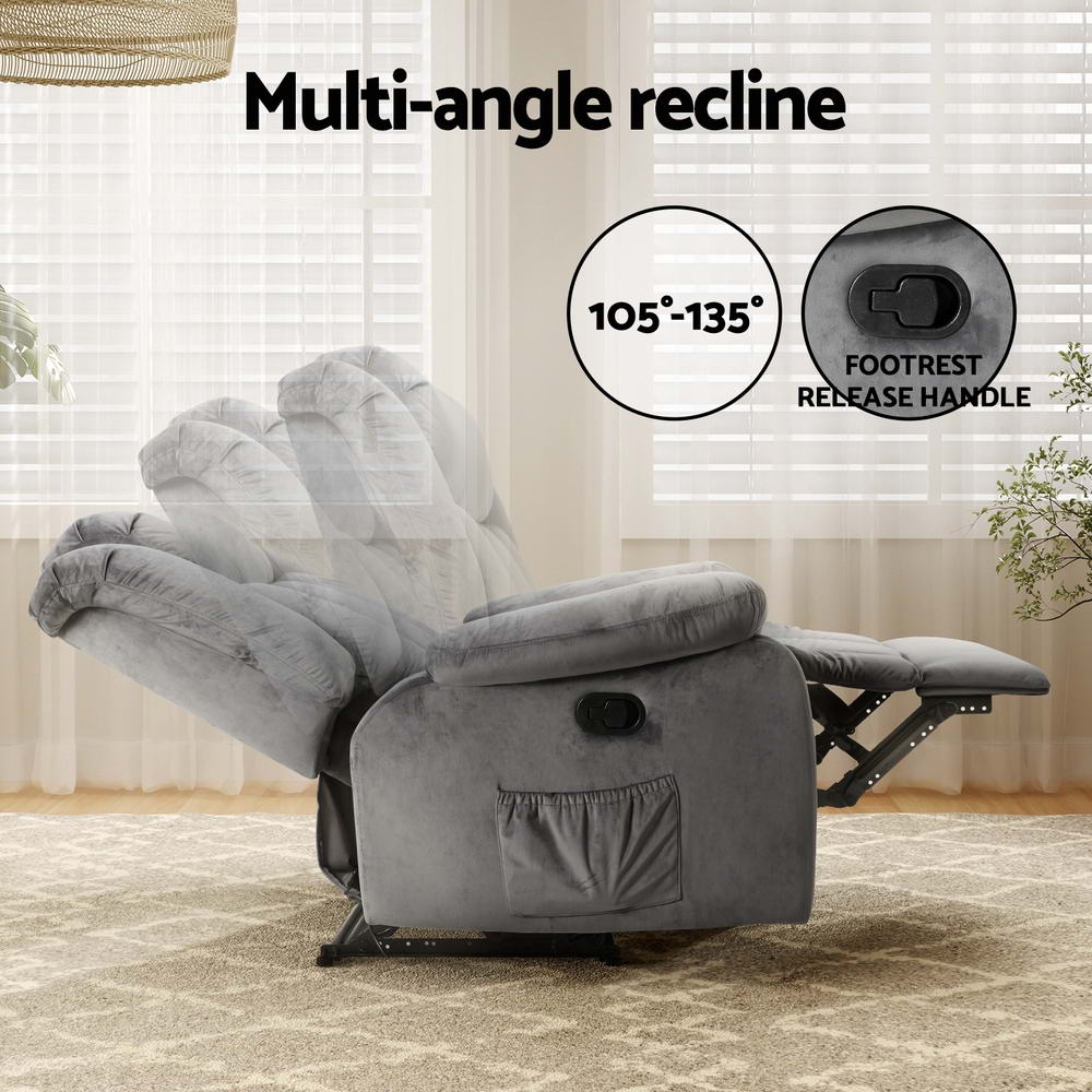Artiss Electric Massage Recliner Chair — Grey Velvet, Heated, Lounge Sofa Style — Allure Home Collections
