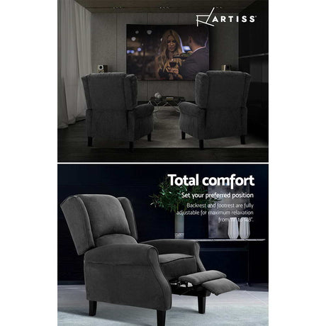 Artiss Charcoal Recliner Chair - Adjustable Soft Suede Lounge Armchair