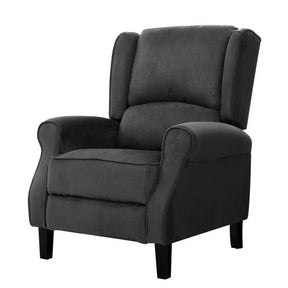 Dargan charcoal suede recliner armchair with integrated footrest in a living room