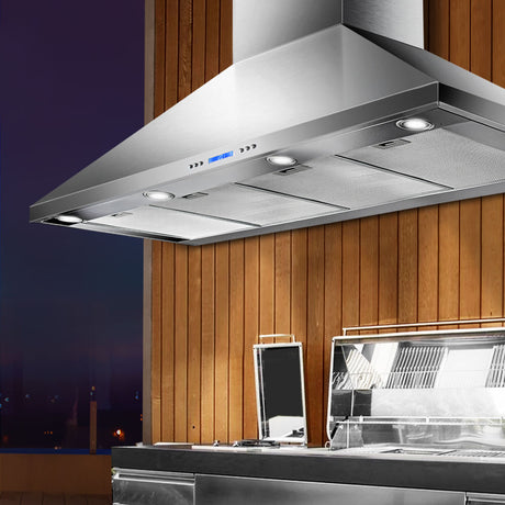 Silver 1500 mm stainless steel range hood with pyramid chimney design