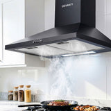 Black 600 mm wall mounted range hood with powder coated steel finish
