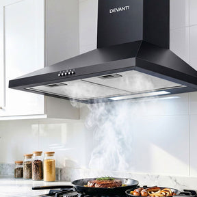 Black 600 mm wall mounted range hood with powder coated steel finish