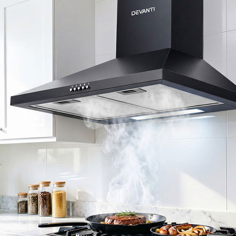 Black 600 mm wall mounted range hood with powder coated steel finish