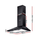 Black range hood installed above a kitchen cooktop