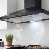 Black 900 mm wall mounted range hood, front view