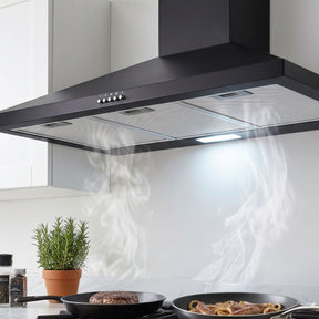 Black 900 mm wall mounted range hood, front view