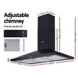 Black powder coated range hood shown at an angle with chimney