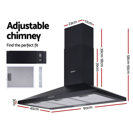 Black powder coated range hood shown at an angle with chimney