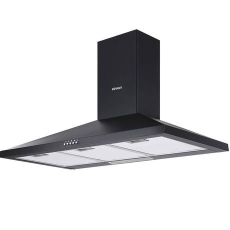 Dimension view of the 900 mm black wall mounted range hood