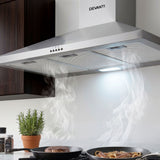 Brushed stainless steel 900 mm wall mounted range hood, front view