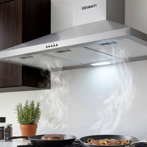 Brushed stainless steel 900 mm wall mounted range hood, front view