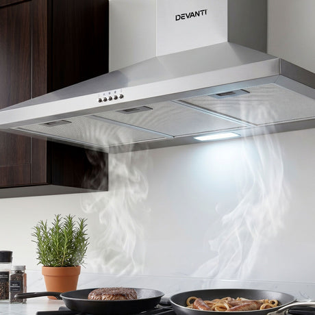 Brushed stainless steel 900 mm wall mounted range hood, front view