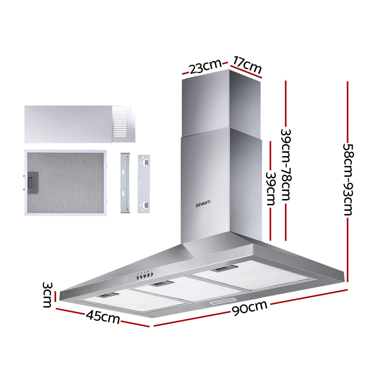 Silver stainless steel range hood shown at an angle with chimney