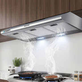 Slim 900 mm fixed stainless steel range hood, front view