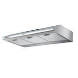 Dimension view of the 900 mm silver slimline fixed range hood