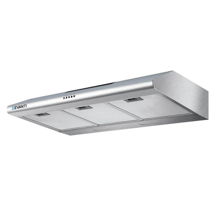 Dimension view of the 900 mm silver slimline fixed range hood