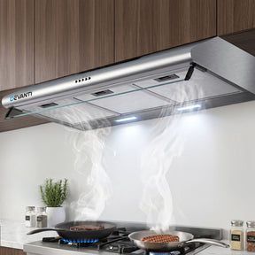 900 mm stainless steel fixed range hood with glass visor, front view