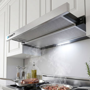 600 mm slide out range hood in stainless steel, black and silver