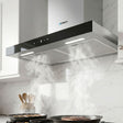 600 mm range hood with black tempered glass front and stainless steel trim