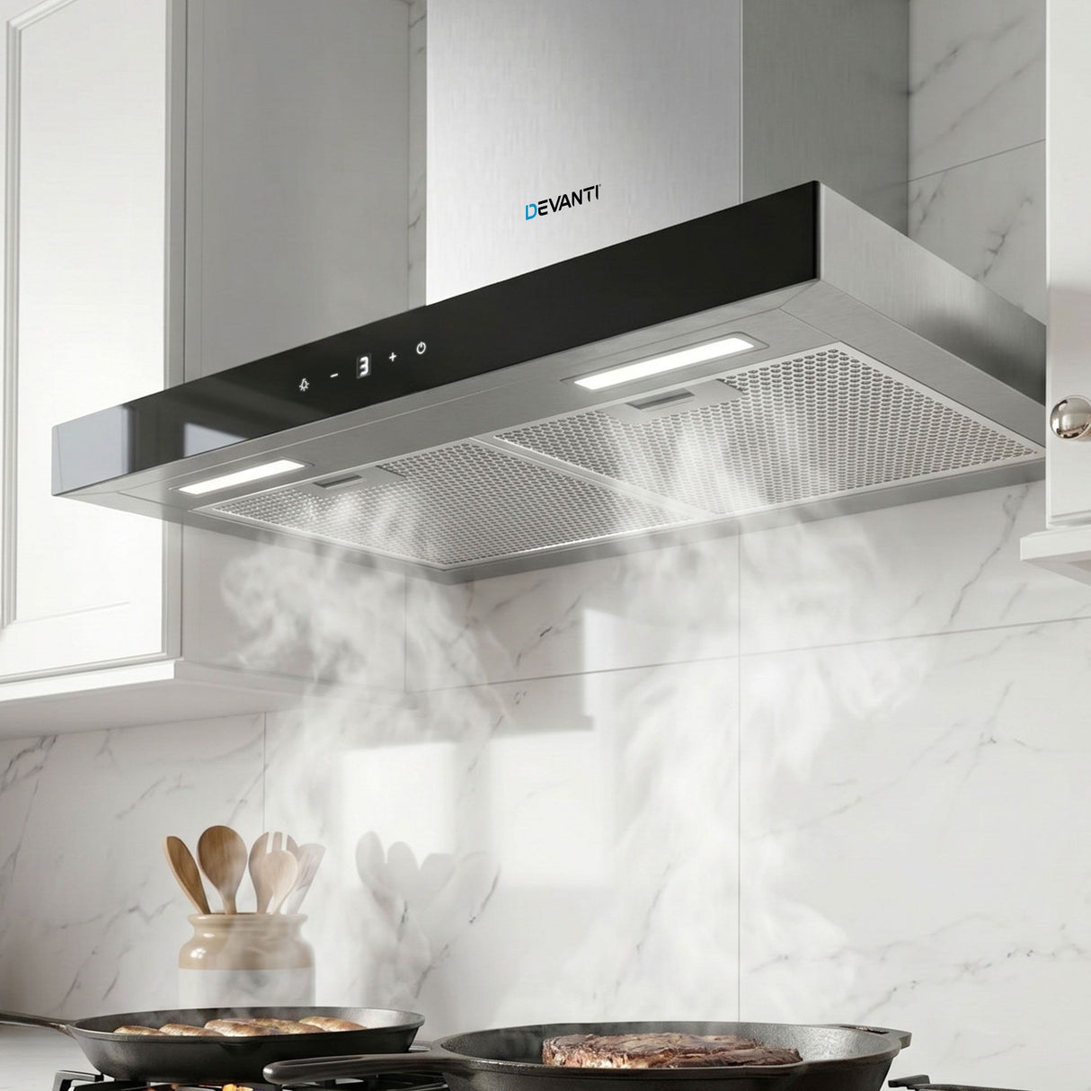 600 mm range hood with black tempered glass front and stainless steel trim