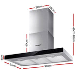 T shape wall mounted range hood shown at an angle with chimney