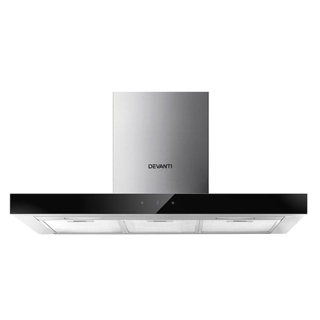 Dimension view of the 900 mm T shape glass and stainless steel range hood