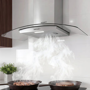 900 mm curved glass canopy range hood in brushed stainless steel, front view