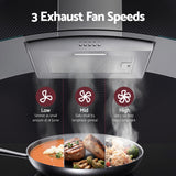 LED light under the curved glass canopy range hood
