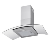 Dimension view of the 90.5 cm curved glass canopy range hood