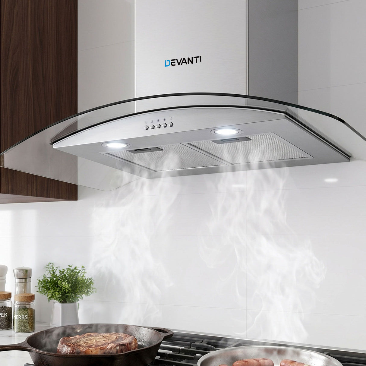 900 mm stainless steel range hood with tempered glass canopy, front view
