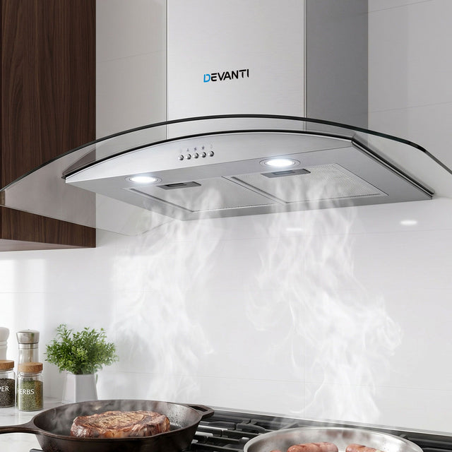 900 mm stainless steel range hood with tempered glass canopy, front view