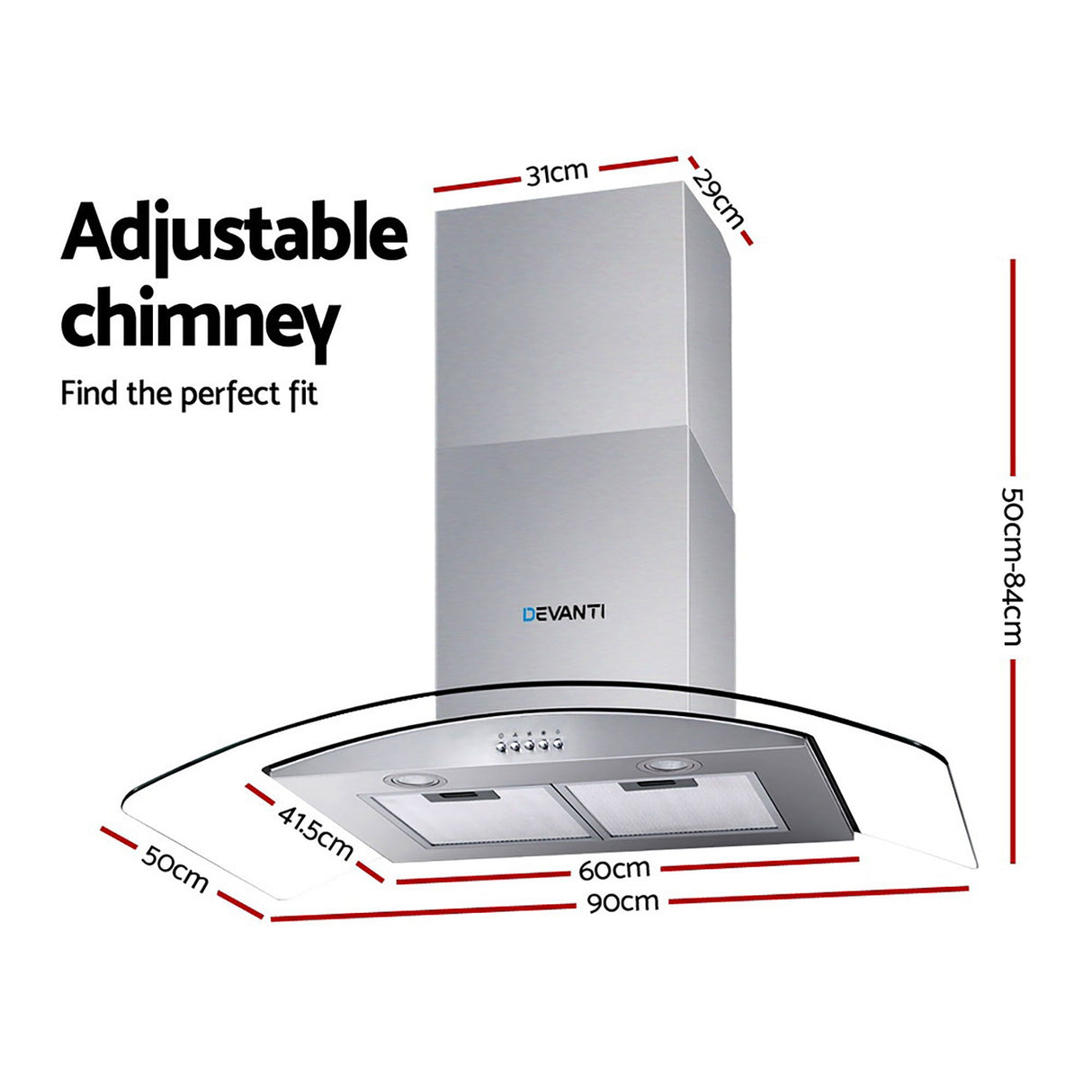 Glass canopy range hood shown at an angle with chimney