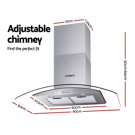 Glass canopy range hood shown at an angle with chimney