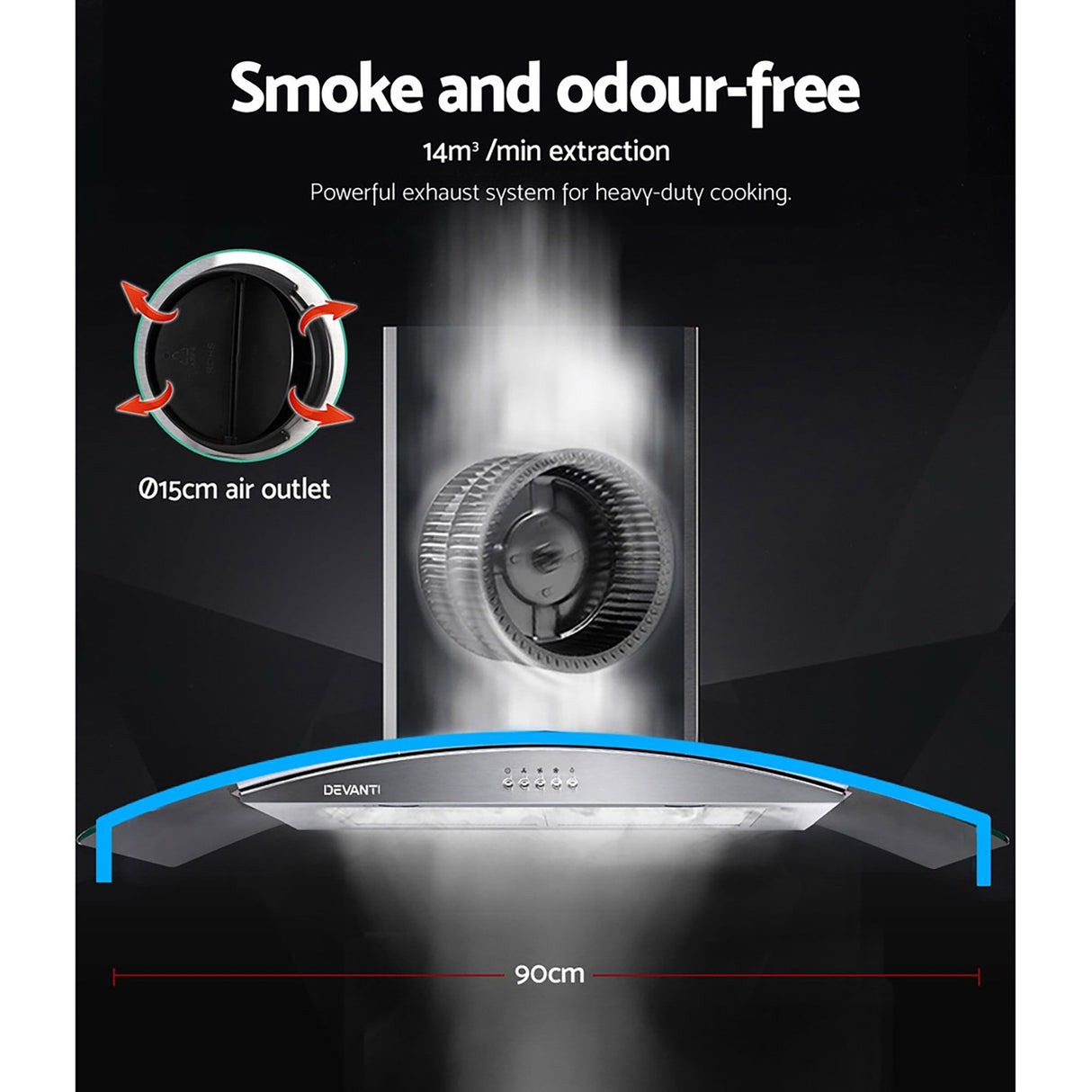 Control buttons and filter clean indicator on the glass canopy range hood