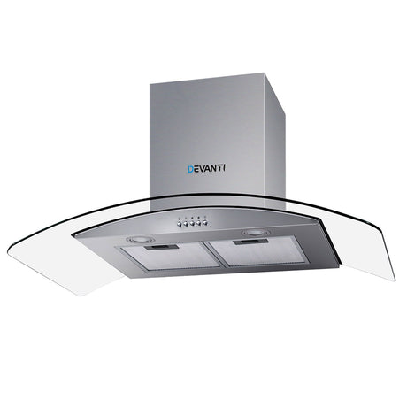 Dimension view of the 900 mm glass canopy stainless steel range hood