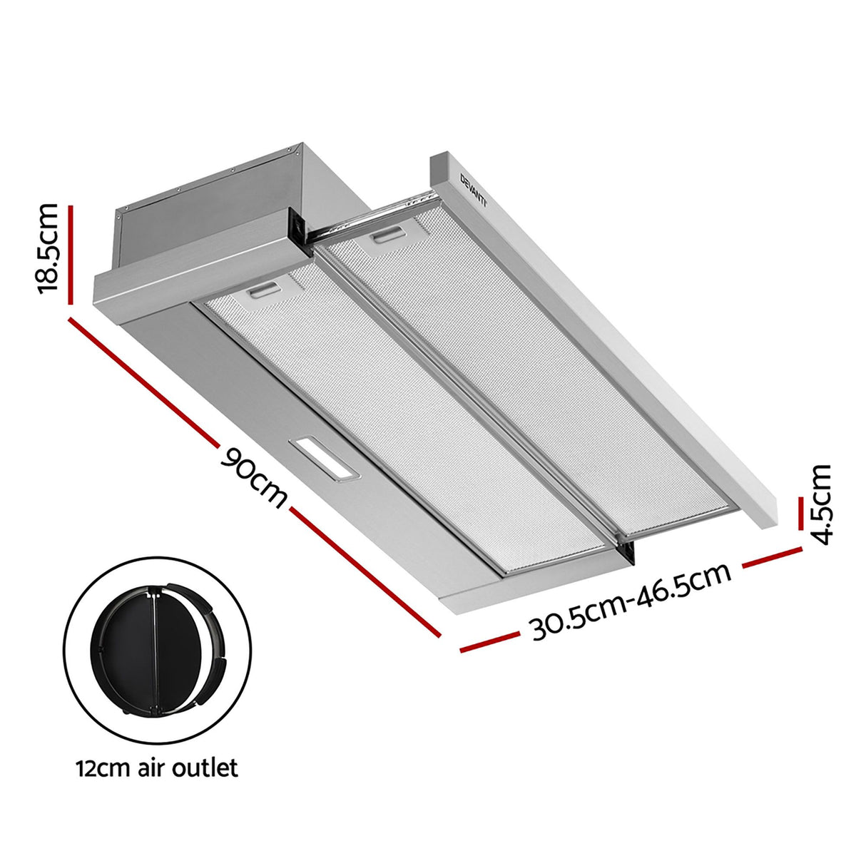 Slide out range hood with the visor extended over a cooktop