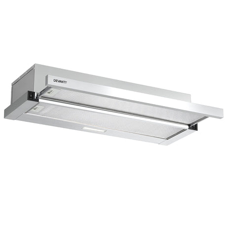 Dimension view of the 900 mm silver slide out range hood