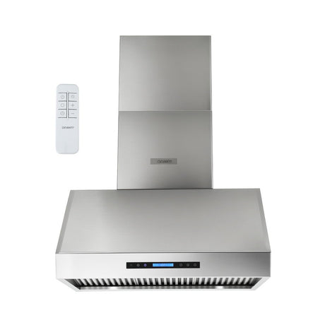 Stainless steel range hood shown at an angle with chimney extended