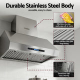 Dimension view of the 900 mm stainless steel range hood