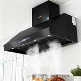 Black 1200 mm wall mounted range hood with textured stainless steel body