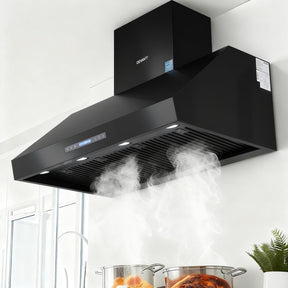 Black 1200 mm wall mounted range hood with textured stainless steel body