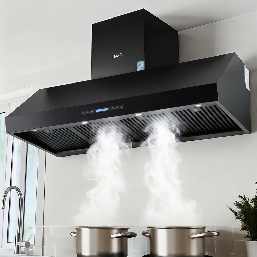 Black 1500 mm wall mounted range hood with textured stainless steel body