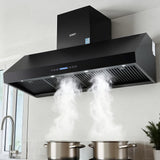 Black 1500 mm wall mounted range hood with textured stainless steel body