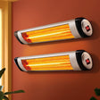 Black and silver 1500 W radiant strip heater, front view of the 66 cm unit