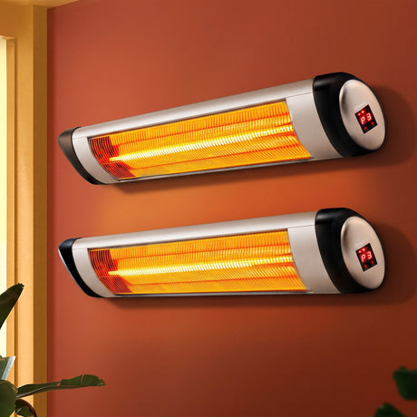 Black and silver 1500 W radiant strip heater, front view of the 66 cm unit