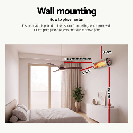 Strip heater mounted on a patio wall above an outdoor seating area