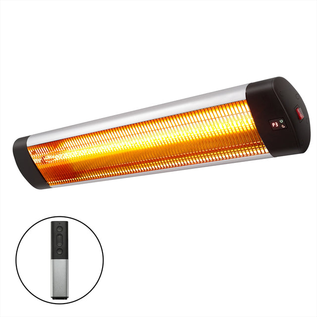 Black and silver 3000 W radiant strip heater, 105 cm long, front view
